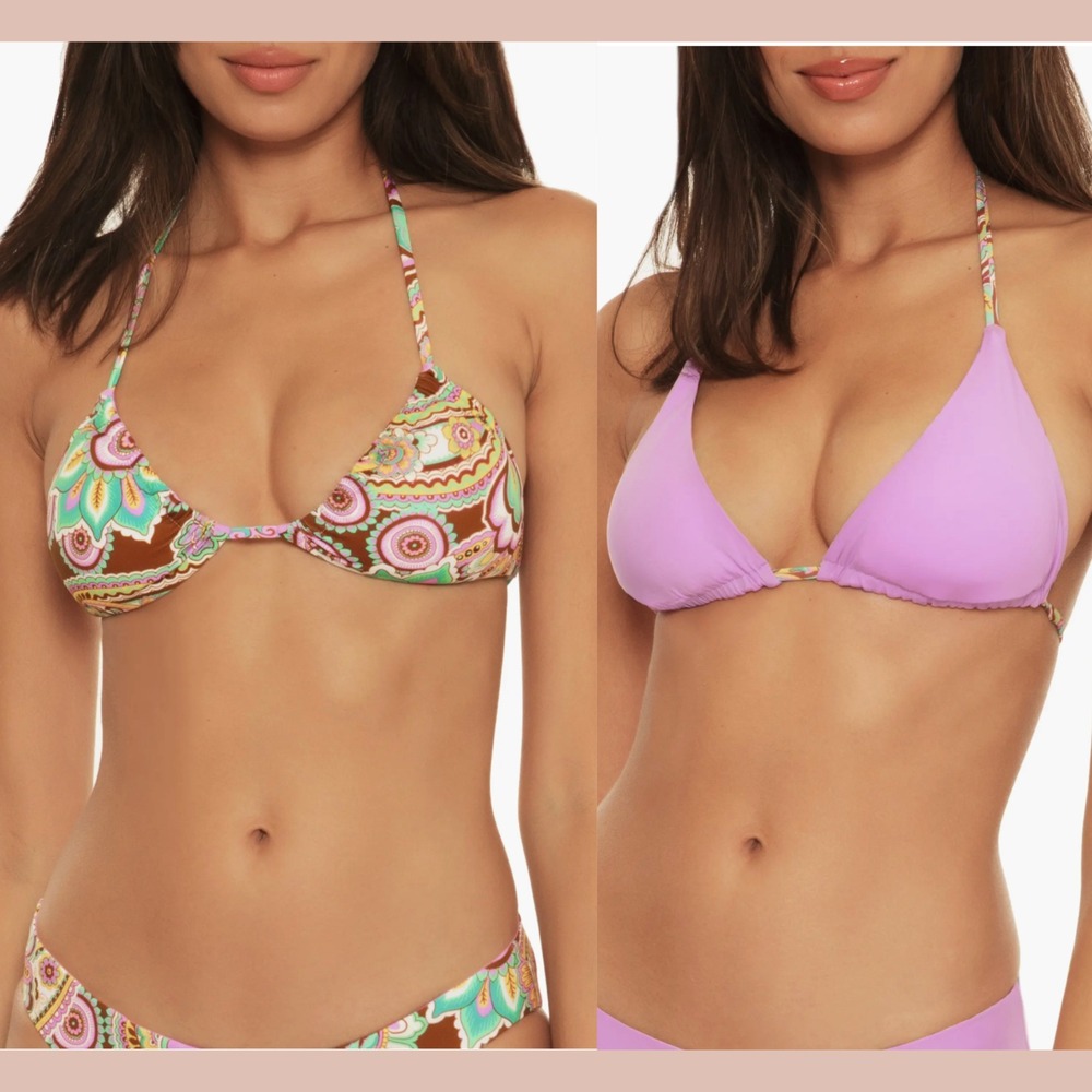 NWT $68 Becca [ Large ] Groovy Reversible Triangle Bikini Top Purple Paisly 7125